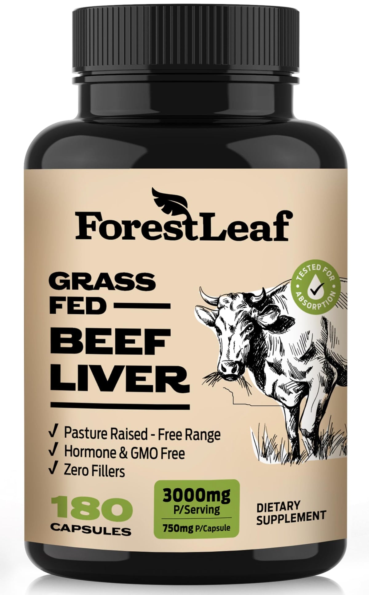 ForestLeaf grass-fed beef liver capsules bottle for daily convenience and energy support.