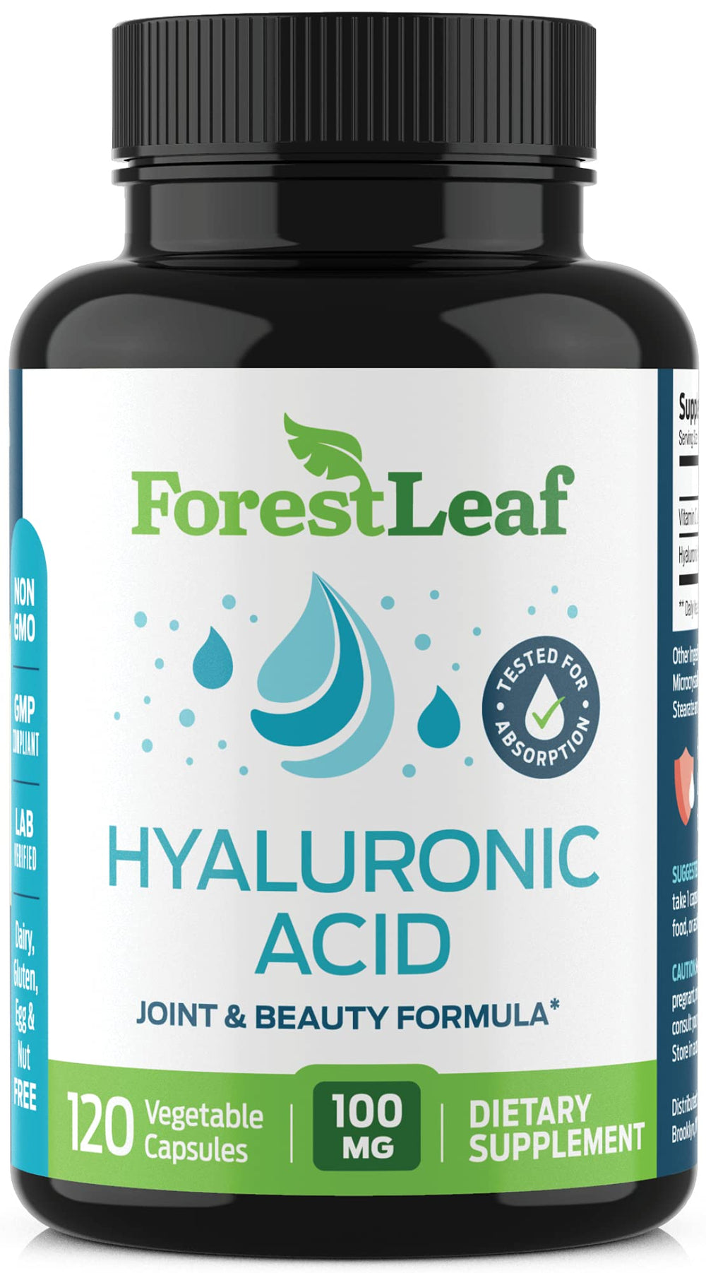 ForestLeaf Hyaluronic Acid Supplements bottle with capsules for inner skin hydration.