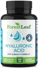 ForestLeaf Hyaluronic Acid Supplements bottle with capsules for inner skin hydration.