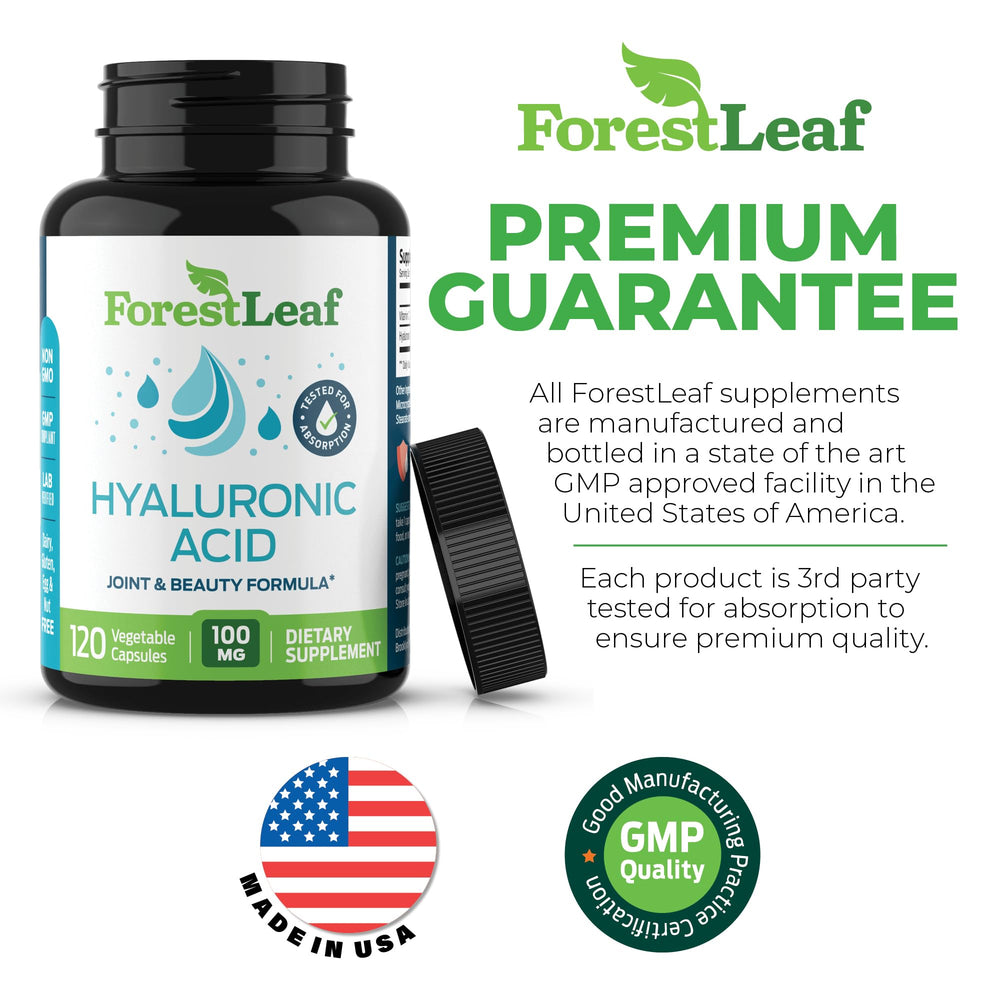 Close-up of ForestLeaf Hyaluronic Acid Supplements capsules with Vitamin C blend for absorption.