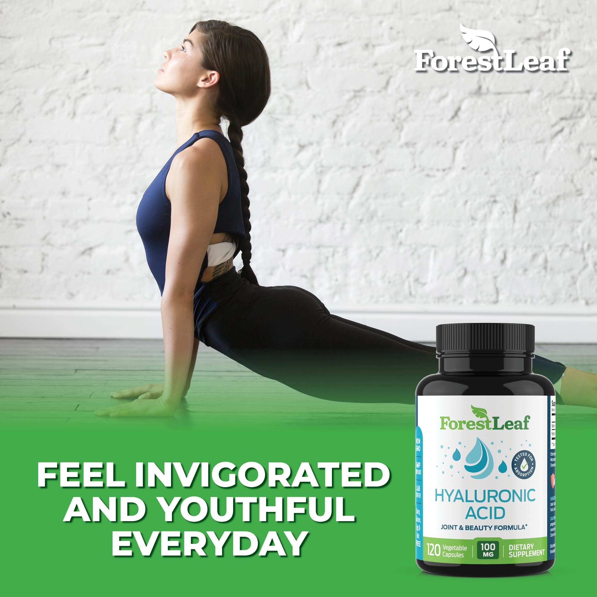 ForestLeaf Hyaluronic Acid Supplements bottle scene highlighting hydration benefits.
