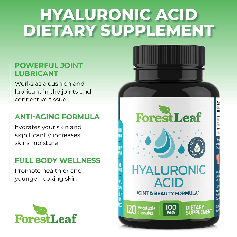 Macro shot of ForestLeaf Hyaluronic Acid Supplements capsules.
