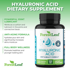 Macro shot of ForestLeaf Hyaluronic Acid Supplements capsules.