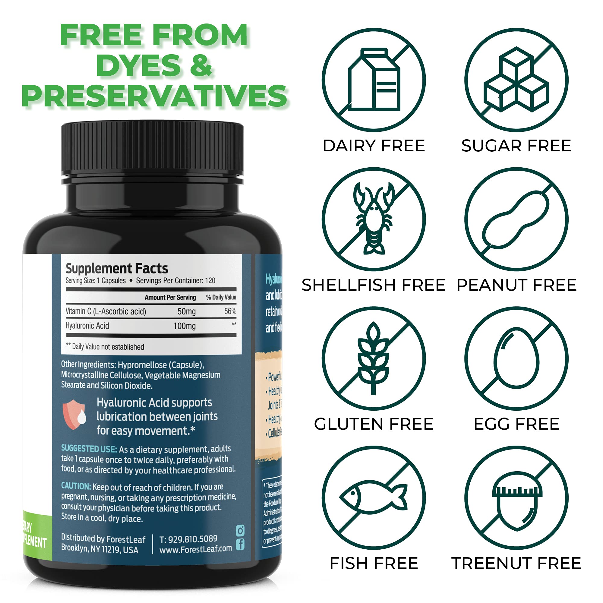ForestLeaf Hyaluronic Acid Supplements box emphasizing non-GMO and clean ingredients.