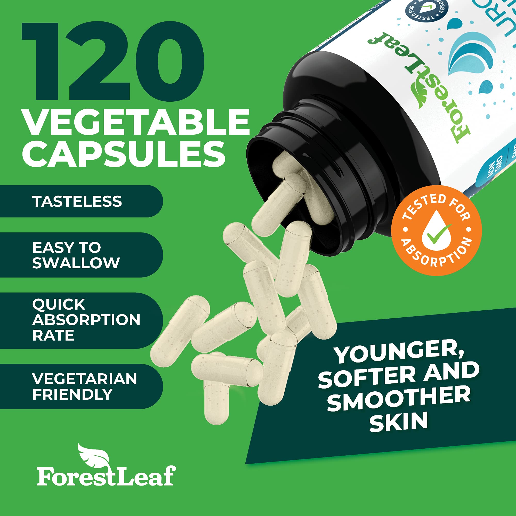 Label on ForestLeaf Hyaluronic Acid Supplements indicating USA-made GMP facility.