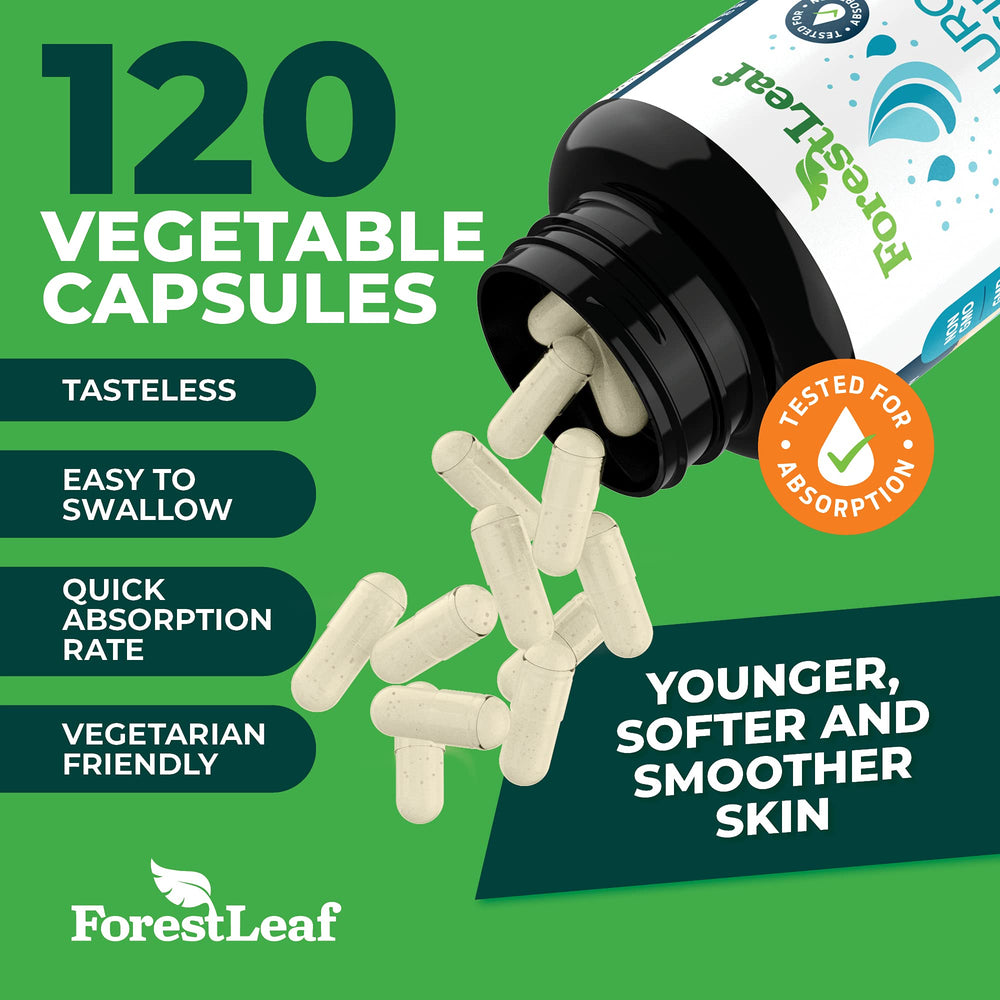 Label on ForestLeaf Hyaluronic Acid Supplements indicating USA-made GMP facility.