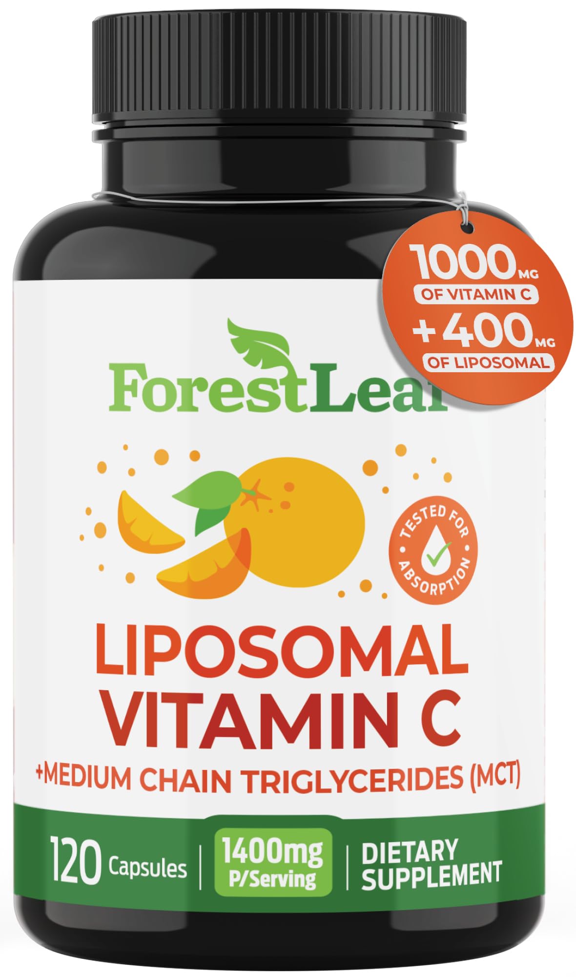 ForestLeaf liposomal vitamin C bottle front view highlighting high-dose capsules for immune support.