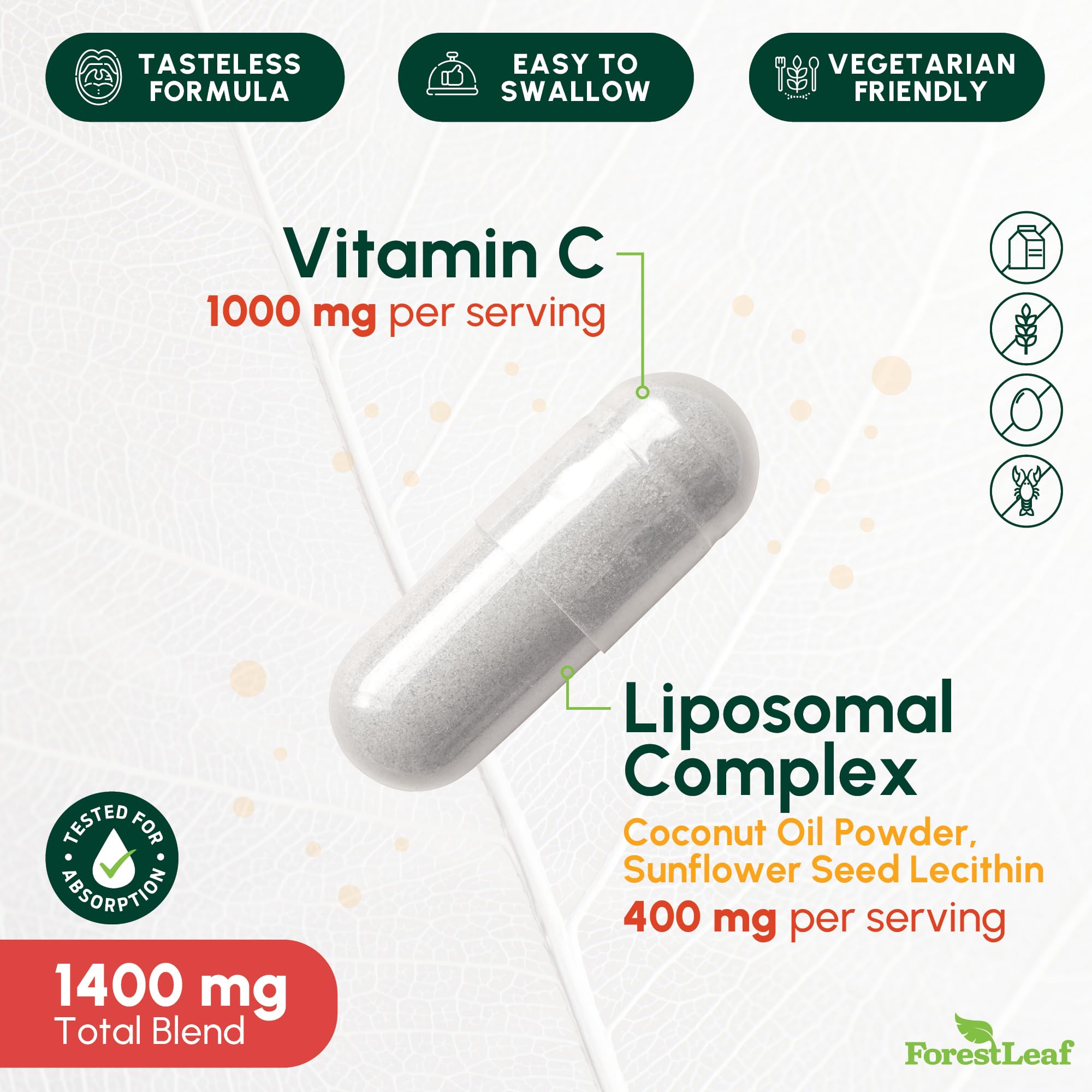 ForestLeaf liposomal vitamin C capsules close-up showing smooth capsules for absorption.