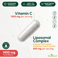 ForestLeaf liposomal vitamin C capsules close-up showing smooth capsules for absorption.