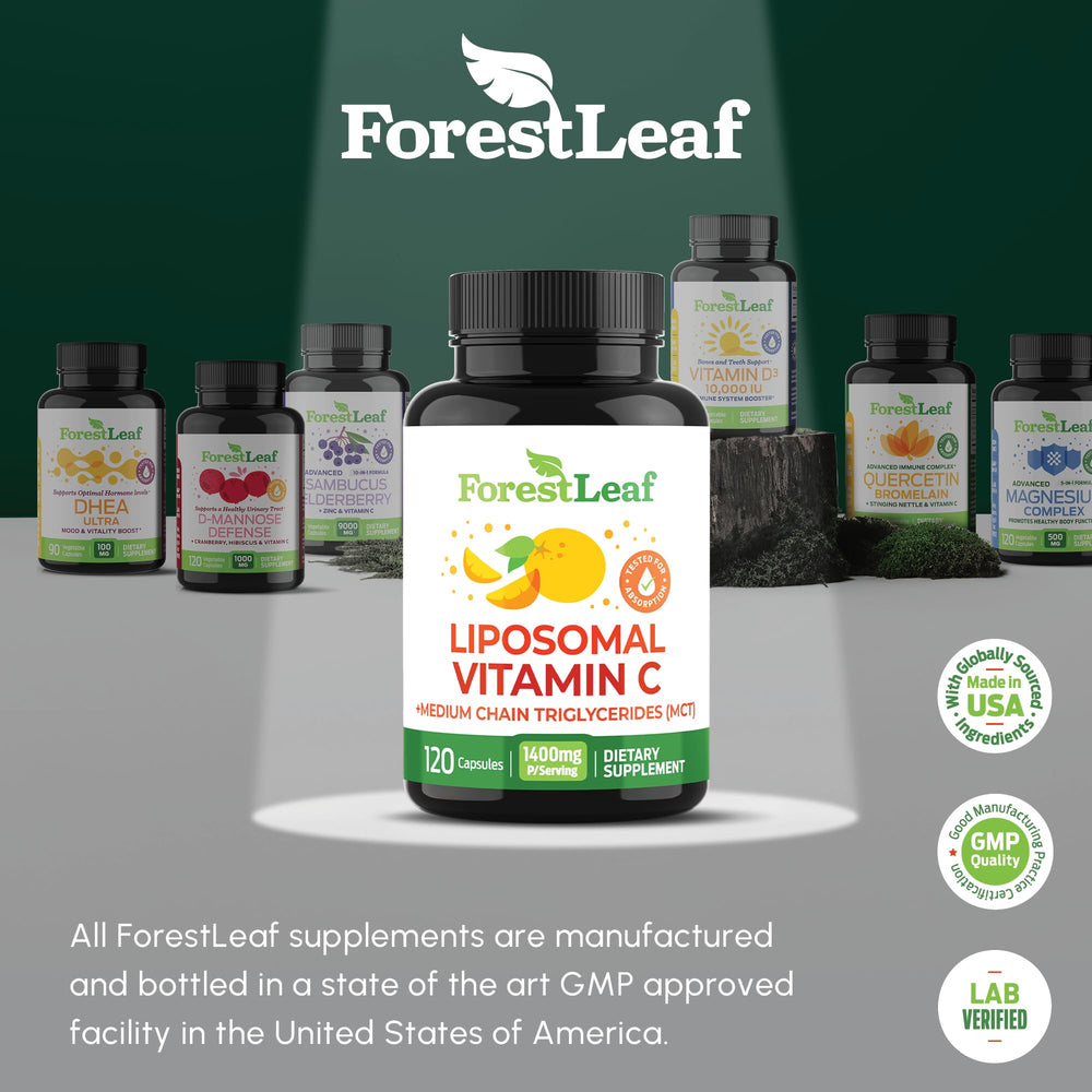 ForestLeaf made-in-USA GMP facility badge shown on product packaging.