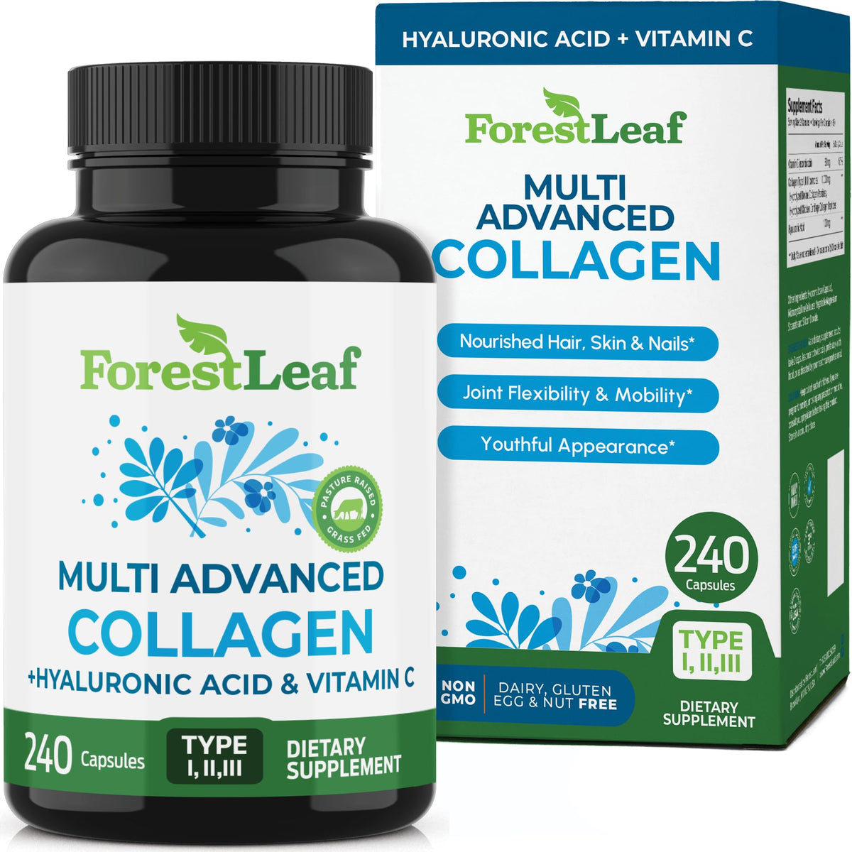 ForestLeaf multi collagen pills bottle for daily skin and hair support