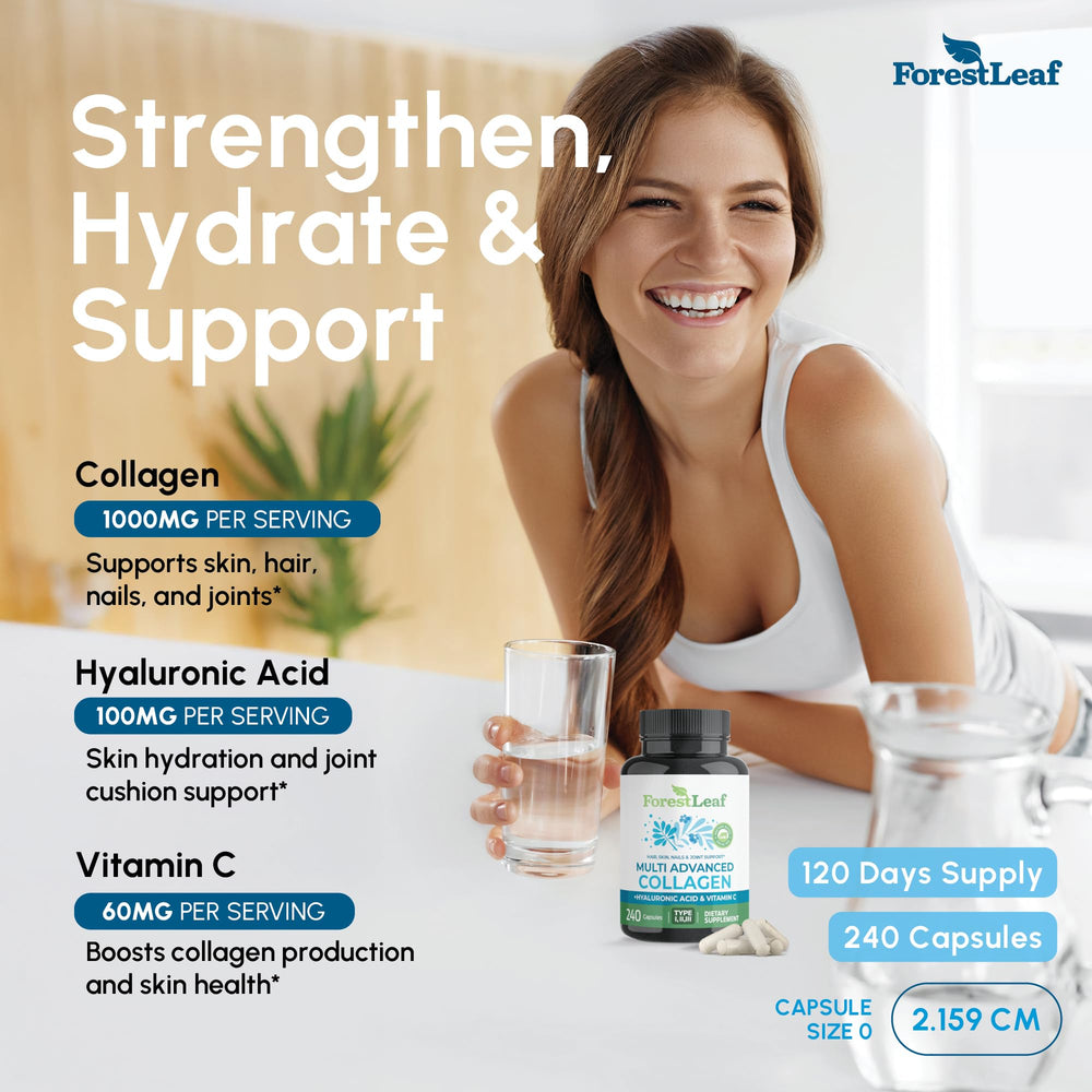 ForestLeaf collagen capsules closeup highlighting hydrolyzed formula for absorption