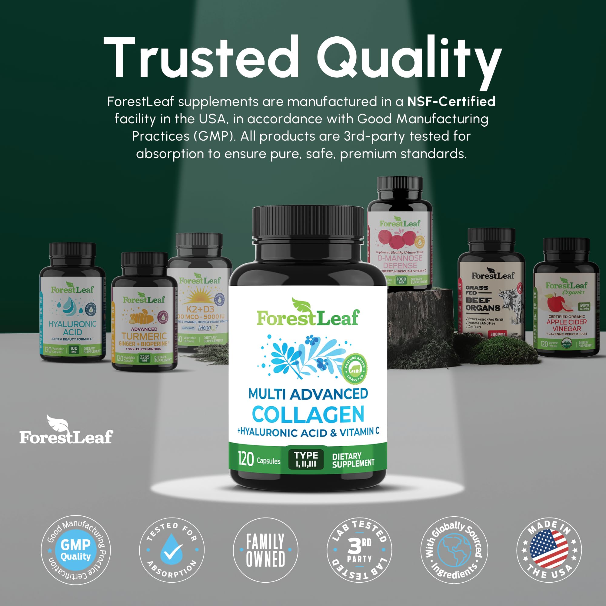 ForestLeaf natural ingredients imagery emphasizes hydrolyzed collagen