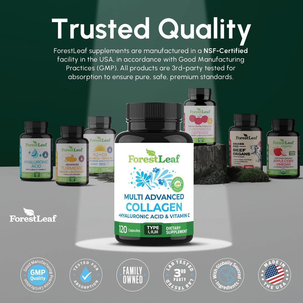 ForestLeaf natural ingredients imagery emphasizes hydrolyzed collagen