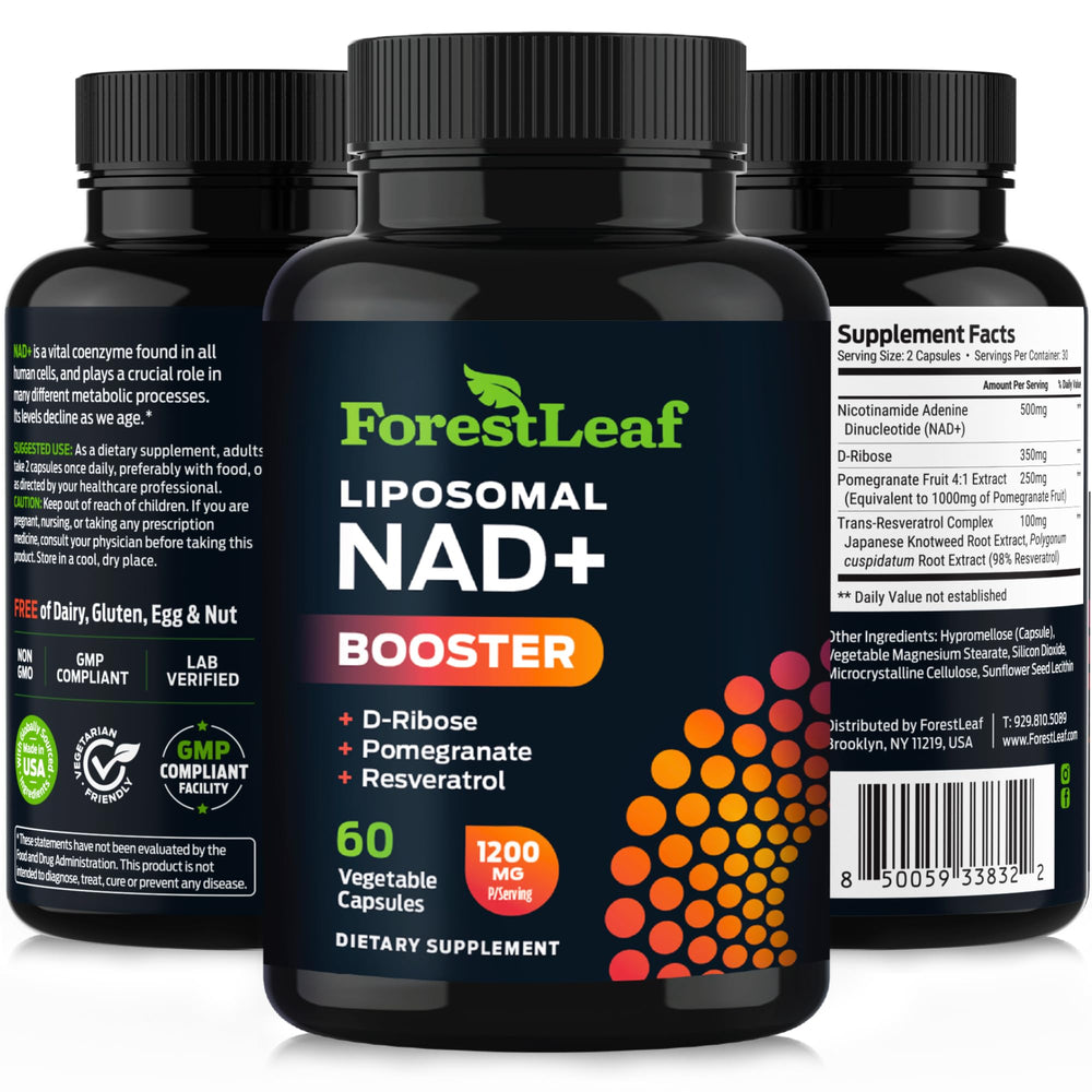 ForestLeaf NAD Resveratrol Capsules glass bottle on a clean desk setup.
