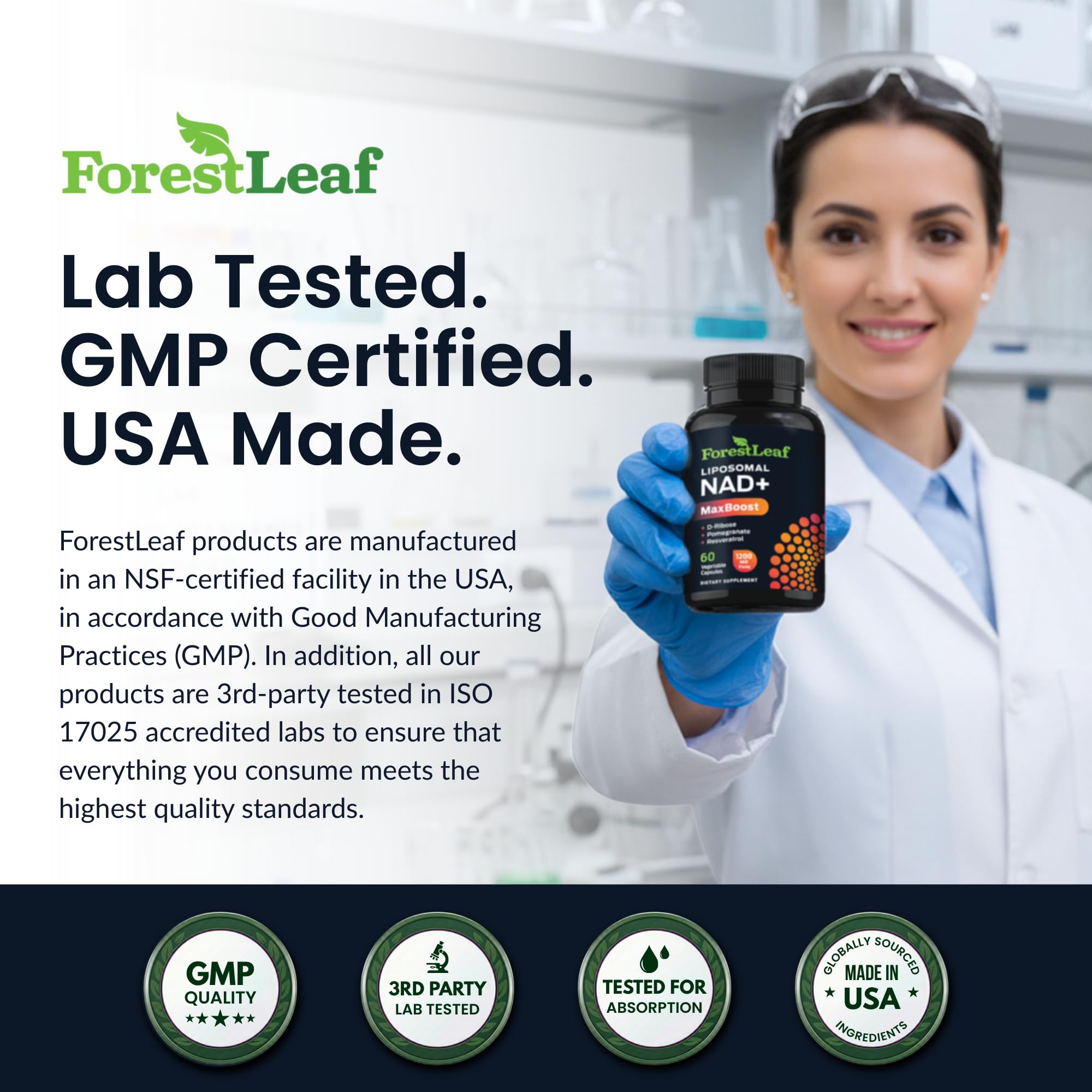 ForestLeaf packaging back cover noting GMP and third-party testing.