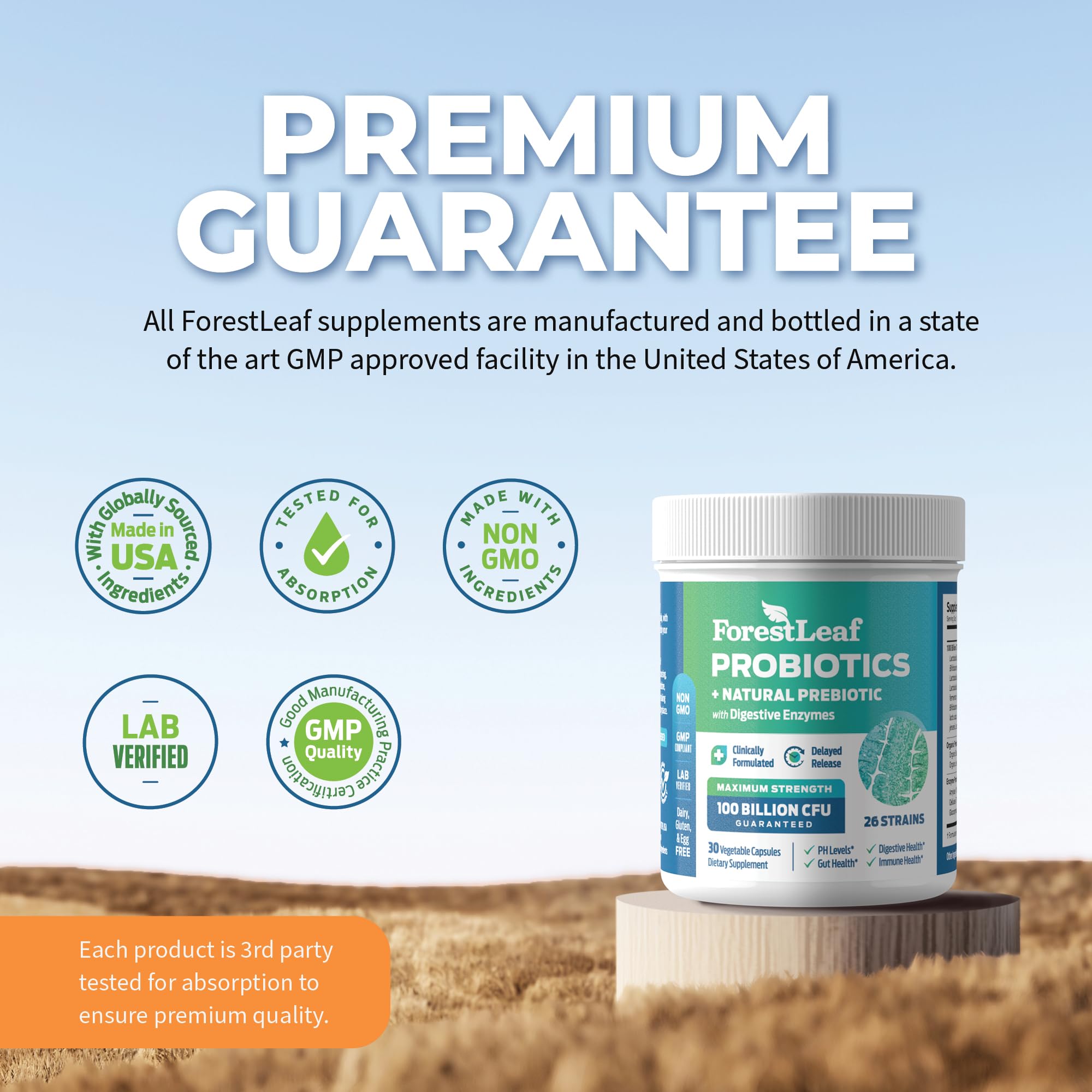 ForestLeaf non-GMO gluten-free bottle for clean daily probiotic use.