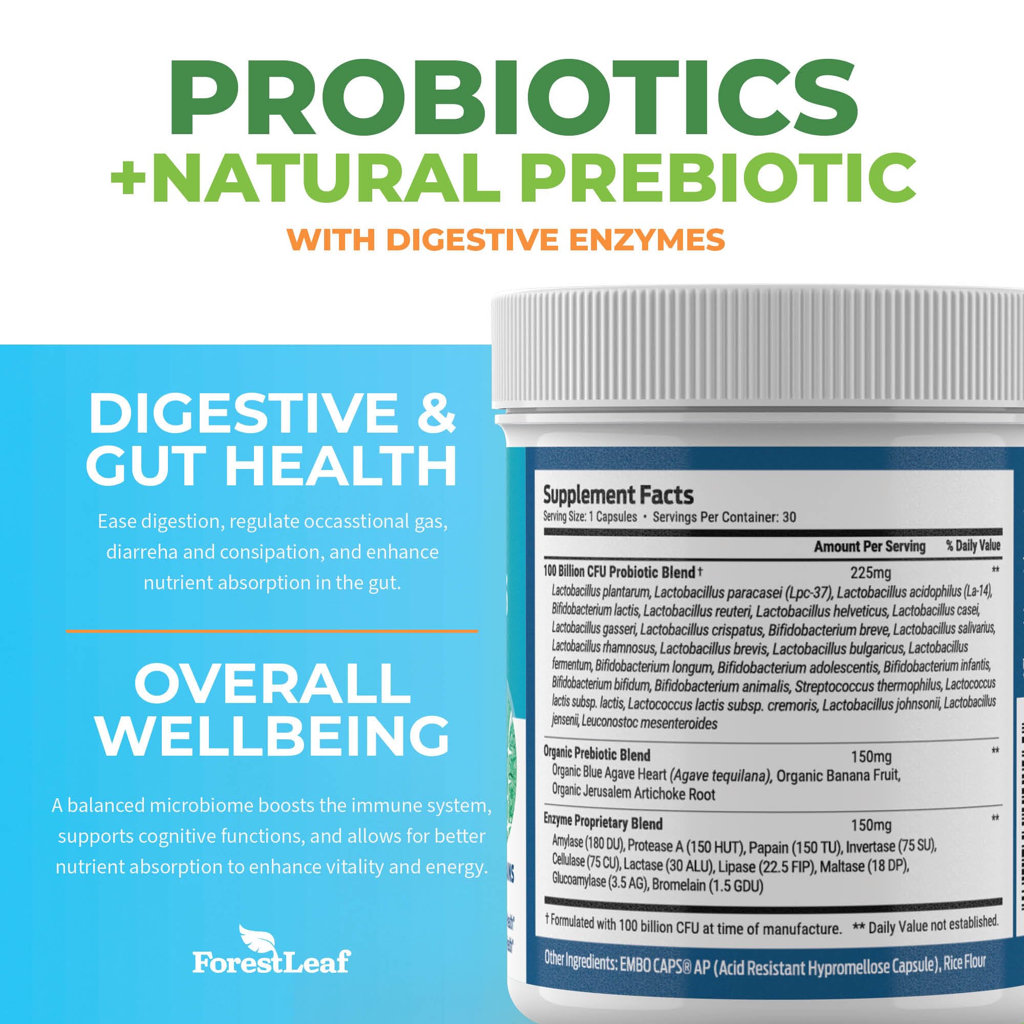 ForestLeaf organic prebiotics bottle showcasing nourishing gut bacteria.
