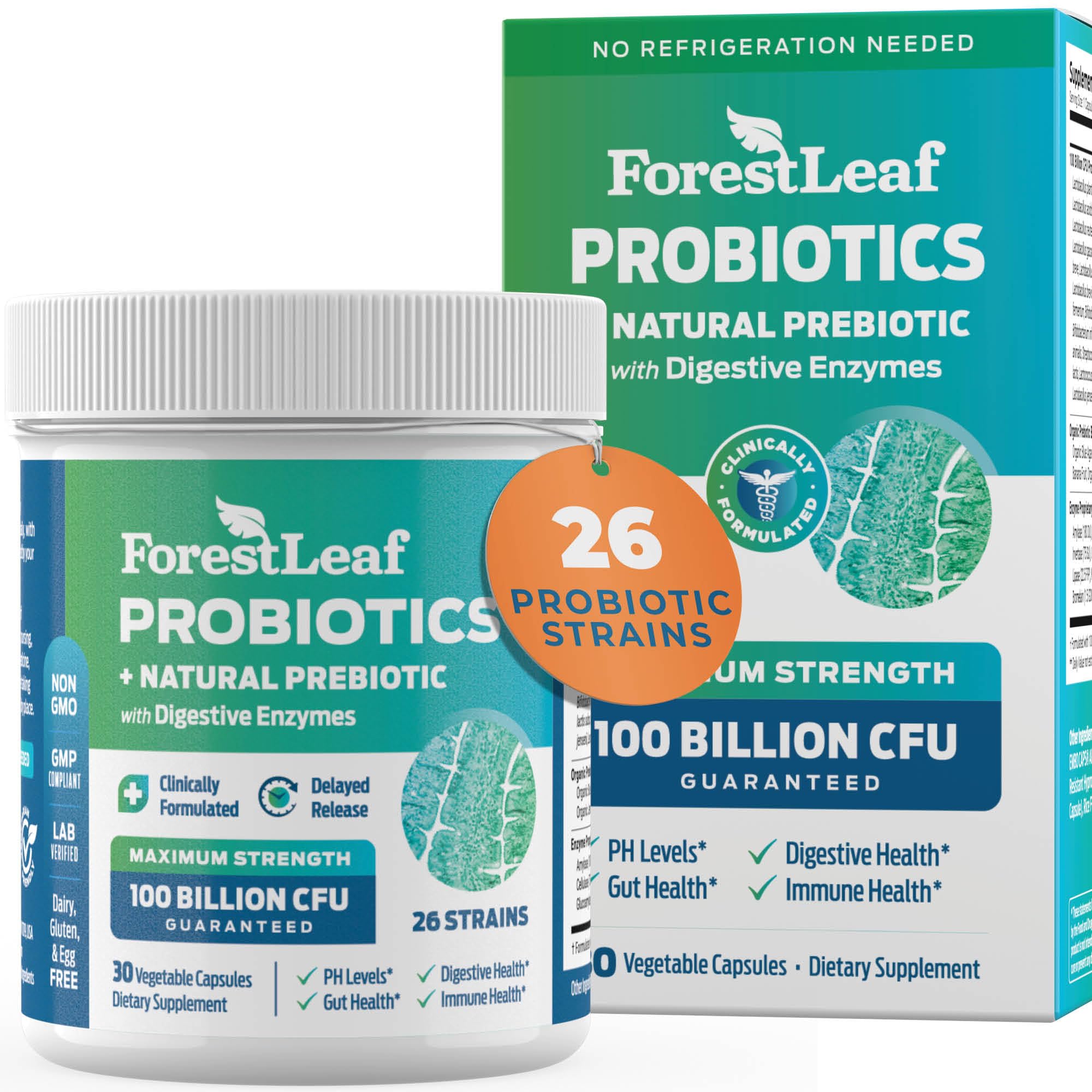 ForestLeaf probiotics 100B CFU cap for daily gut balance and immune support.