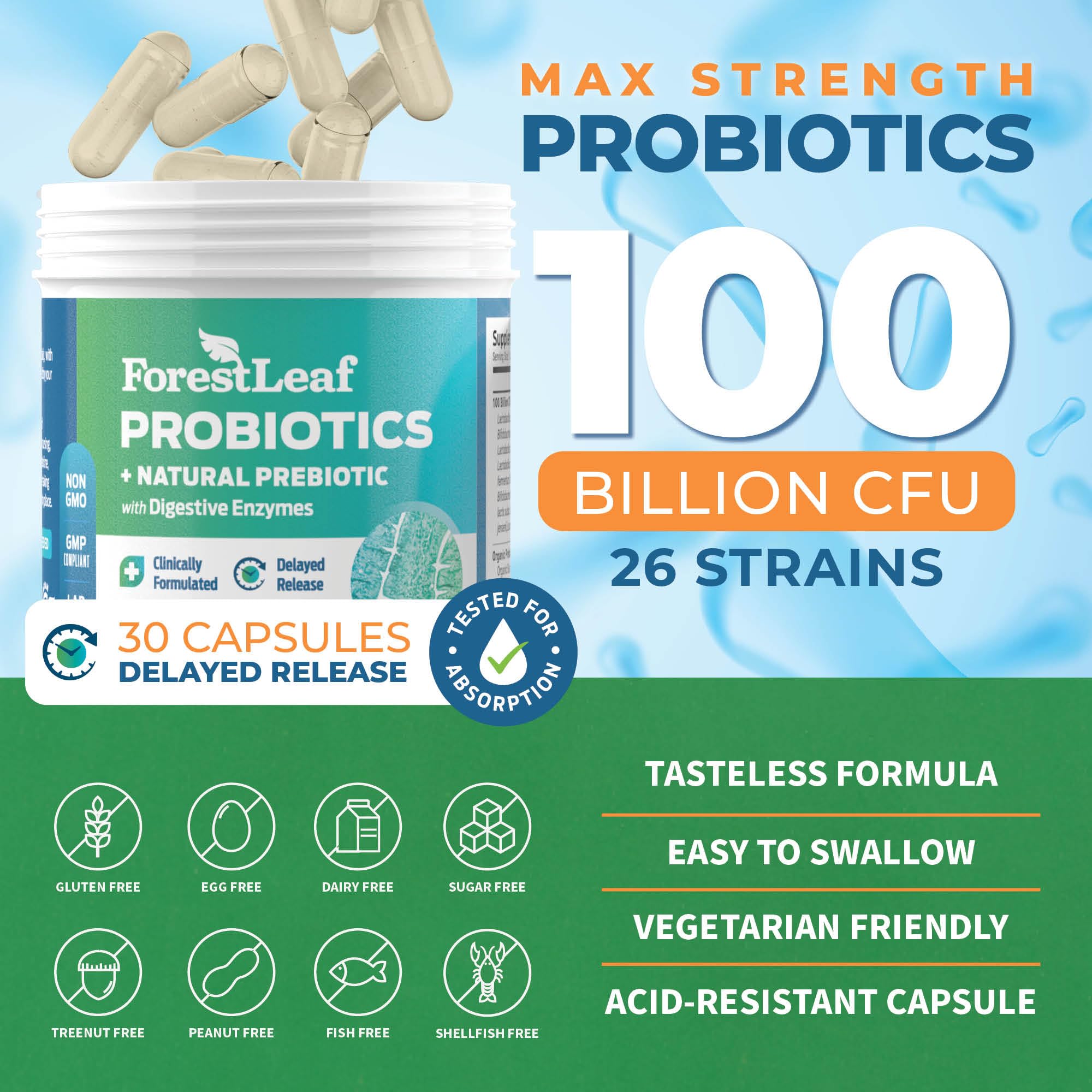 ForestLeaf probiotics 26 strains bottle highlighting diverse gut flora support.