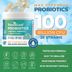 ForestLeaf probiotics 26 strains bottle highlighting diverse gut flora support.