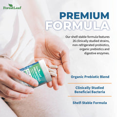 ForestLeaf delayed-release capsule protects live bacteria through stomach acid.