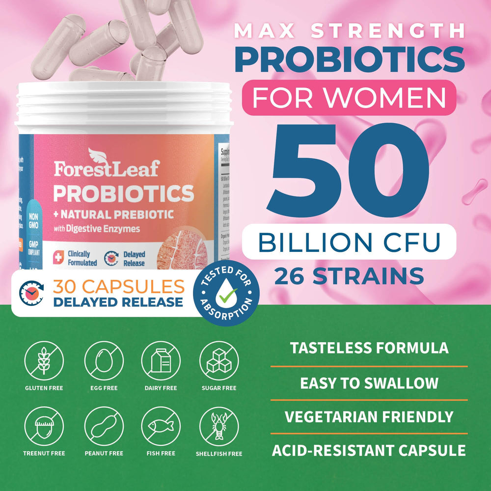 ForestLeaf Probiotics Women label highlights 26 strains for gut health.
