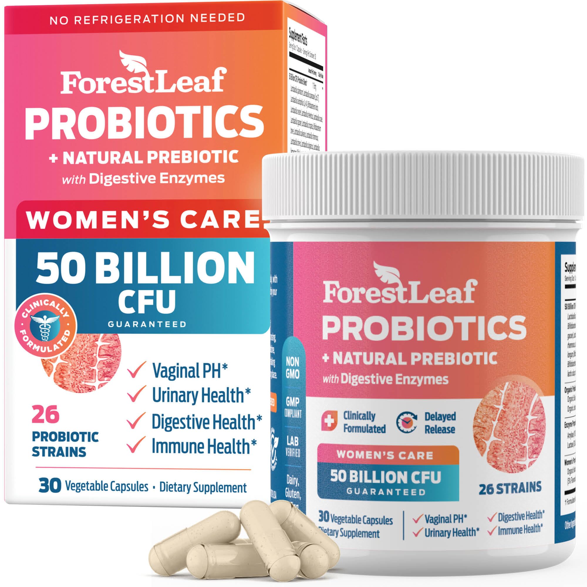 ForestLeaf Probiotics Women bottle with 50 Billion CFU supports digestive balance.