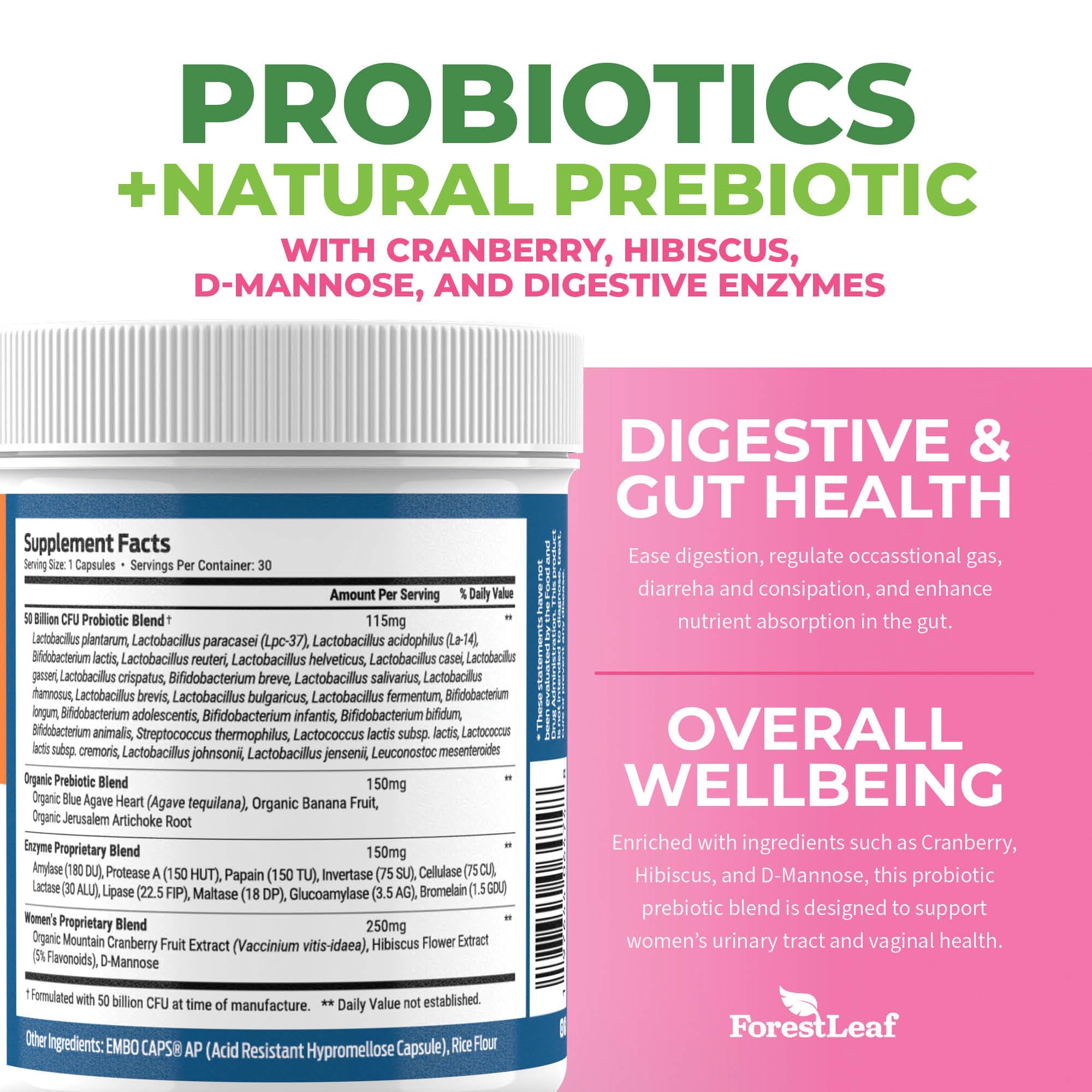 ForestLeaf Probiotics Women packaging shows organic prebiotics for gut nourishment.