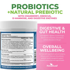 ForestLeaf Probiotics Women packaging shows organic prebiotics for gut nourishment.
