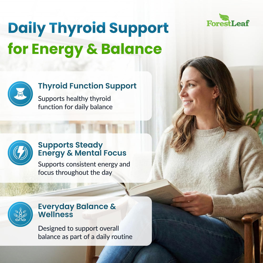 ForestLeaf Thyroid Support capsules close-up highlighting a clean vegetarian formula for focus.
