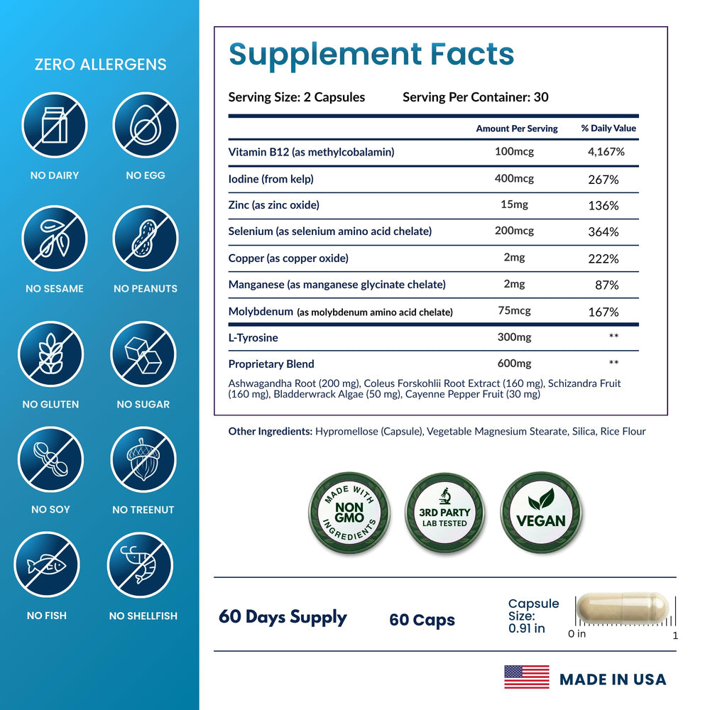 ForestLeaf Thyroid Support ingredients panel showcases minerals and vitamins behind the blend.