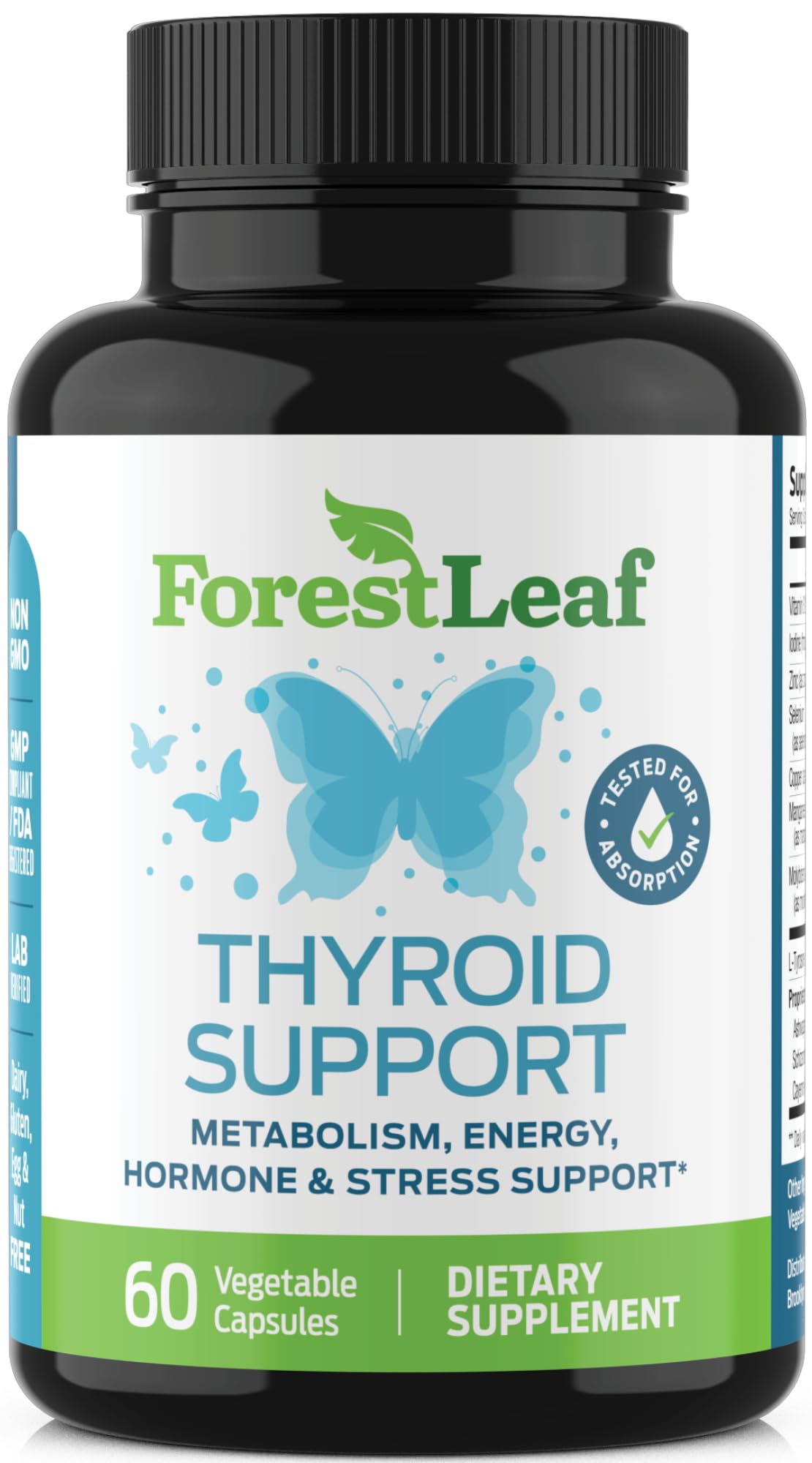 ForestLeaf Thyroid Support packaging shot emphasizes a vegetarian, allergen-conscious formula.