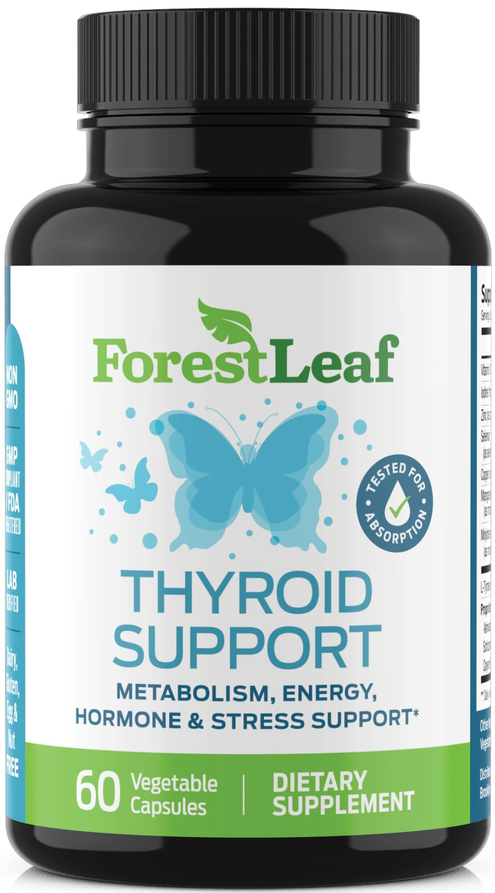 ForestLeaf Thyroid Support packaging shot emphasizes a vegetarian, allergen-conscious formula.