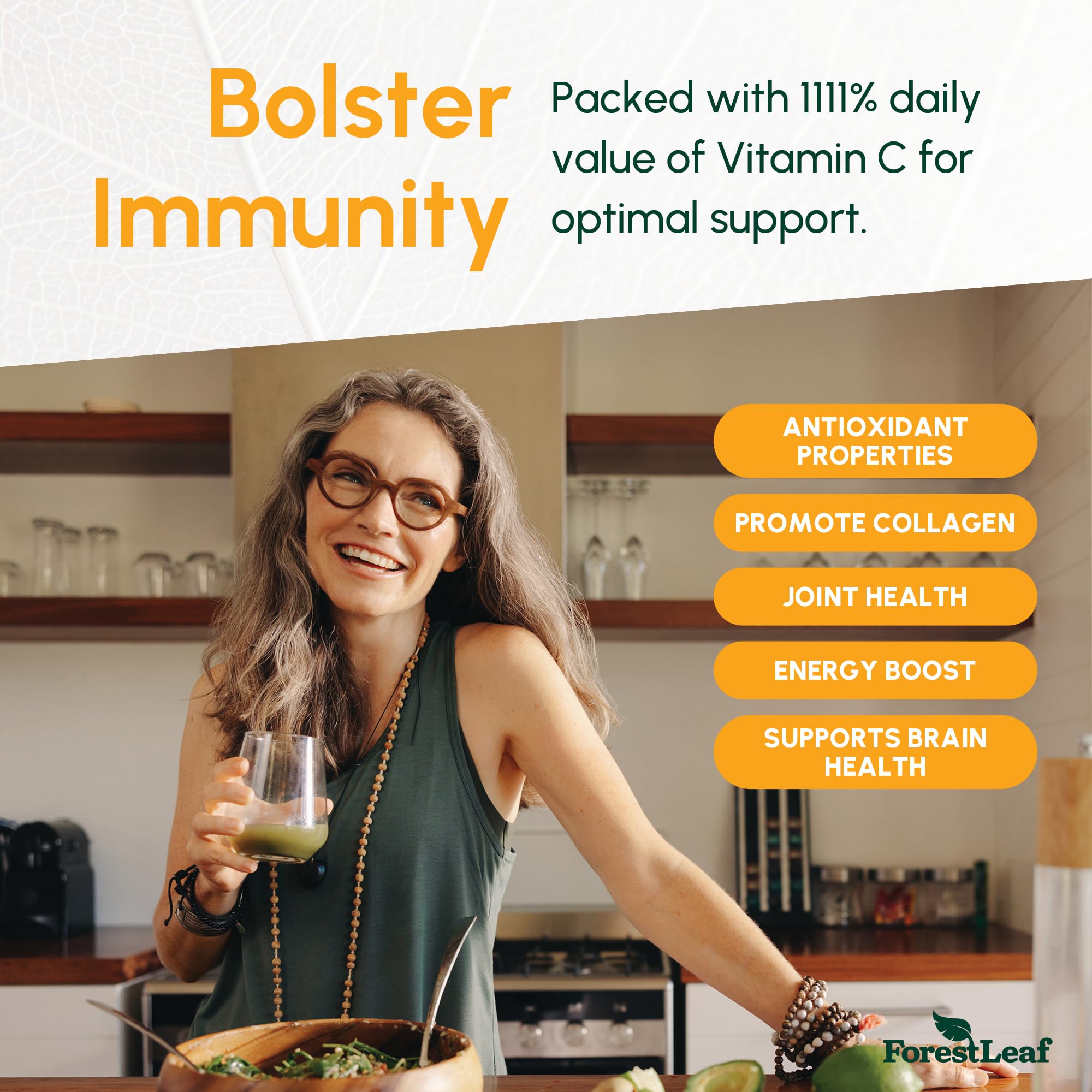 ForestLeaf vegan capsules on green leaves conveying plant-based vitamin C for daily wellness.