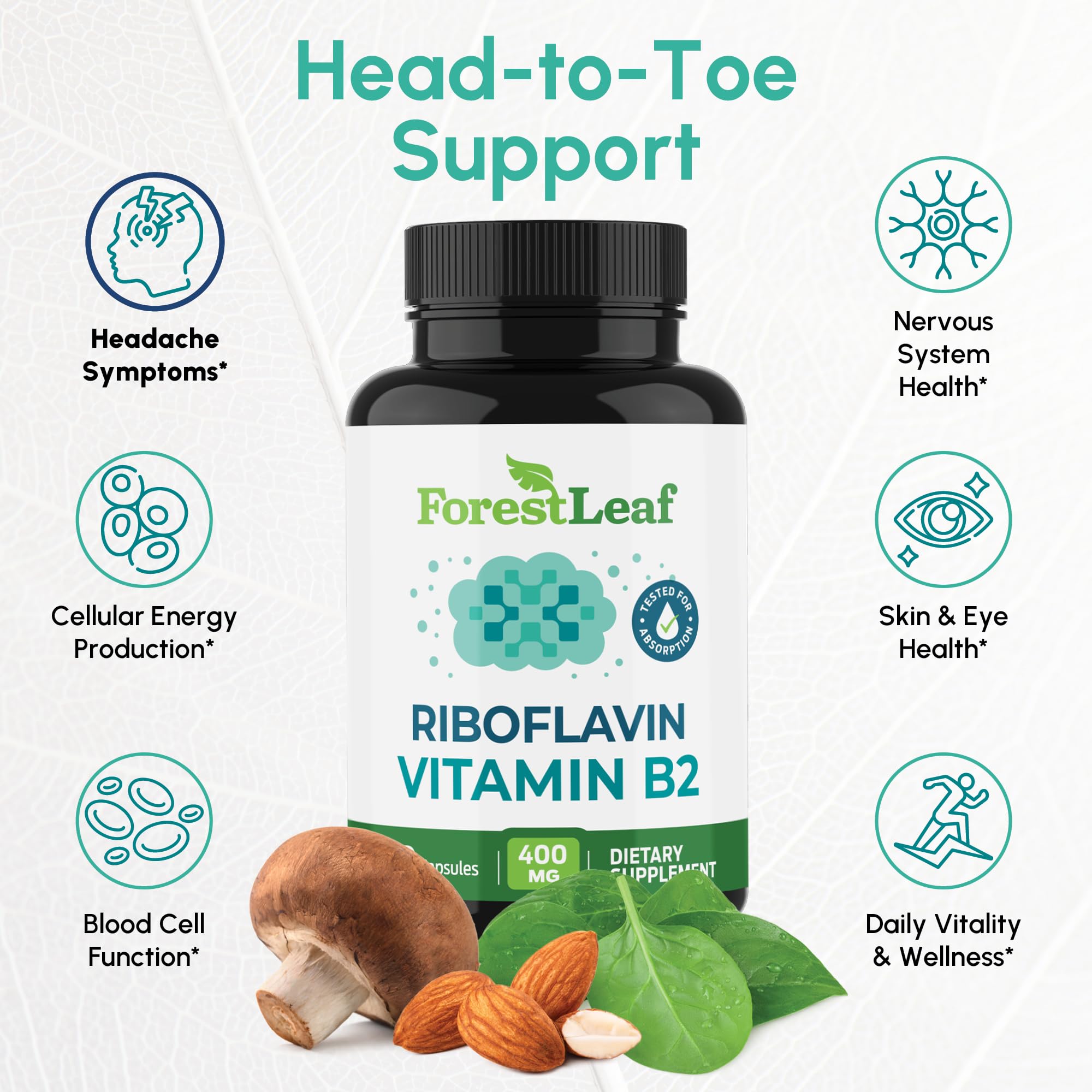 ForestLeaf riboflavin bottle highlighting non-GMO and gluten-free formula