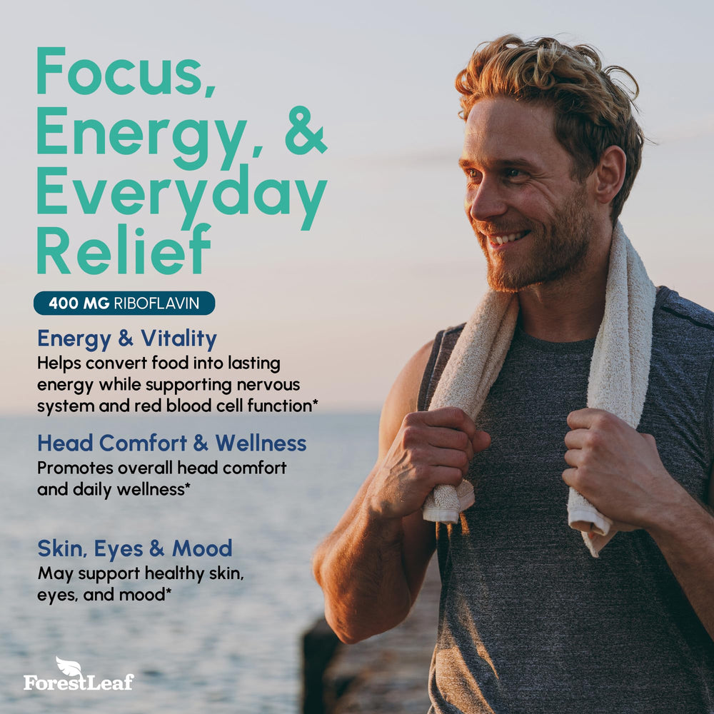 ForestLeaf riboflavin 400mg capsules next to fresh fruits for wellness vibe