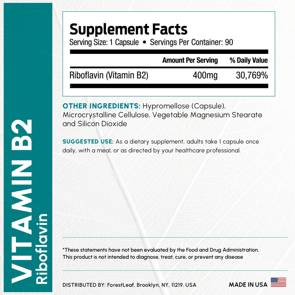 ForestLeaf vitamin B2 400mg capsule on white background for daily vitality