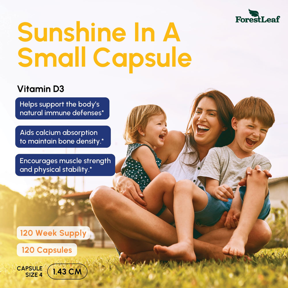 ForestLeaf Vitamin D3 50k capsules—weekly dose for bone health.