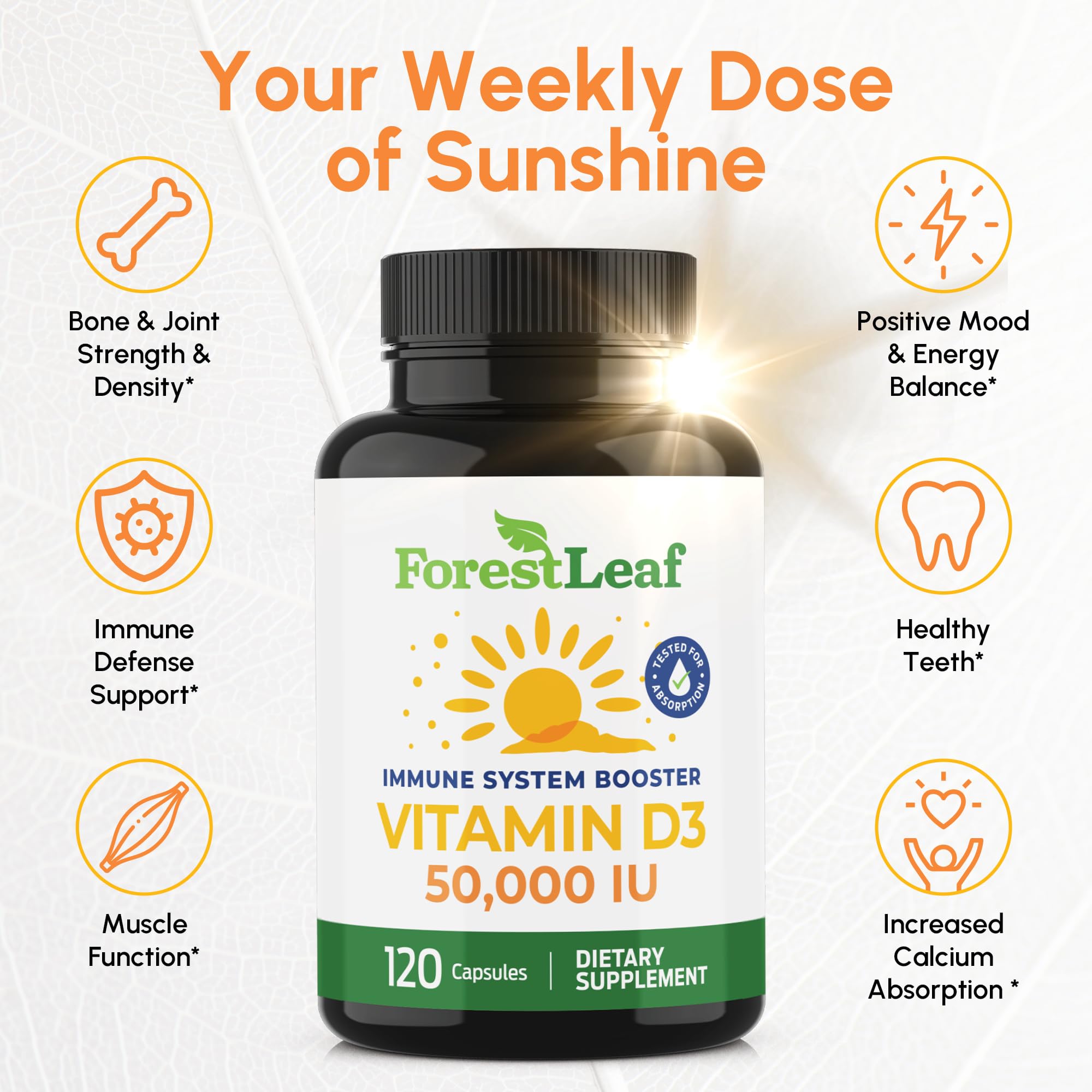 ForestLeaf Vitamin D3 50k label with dosage details for reliable use.