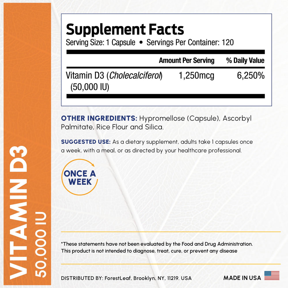 ForestLeaf Vitamin D3 50k packaging—compact bottle for two-year supply.