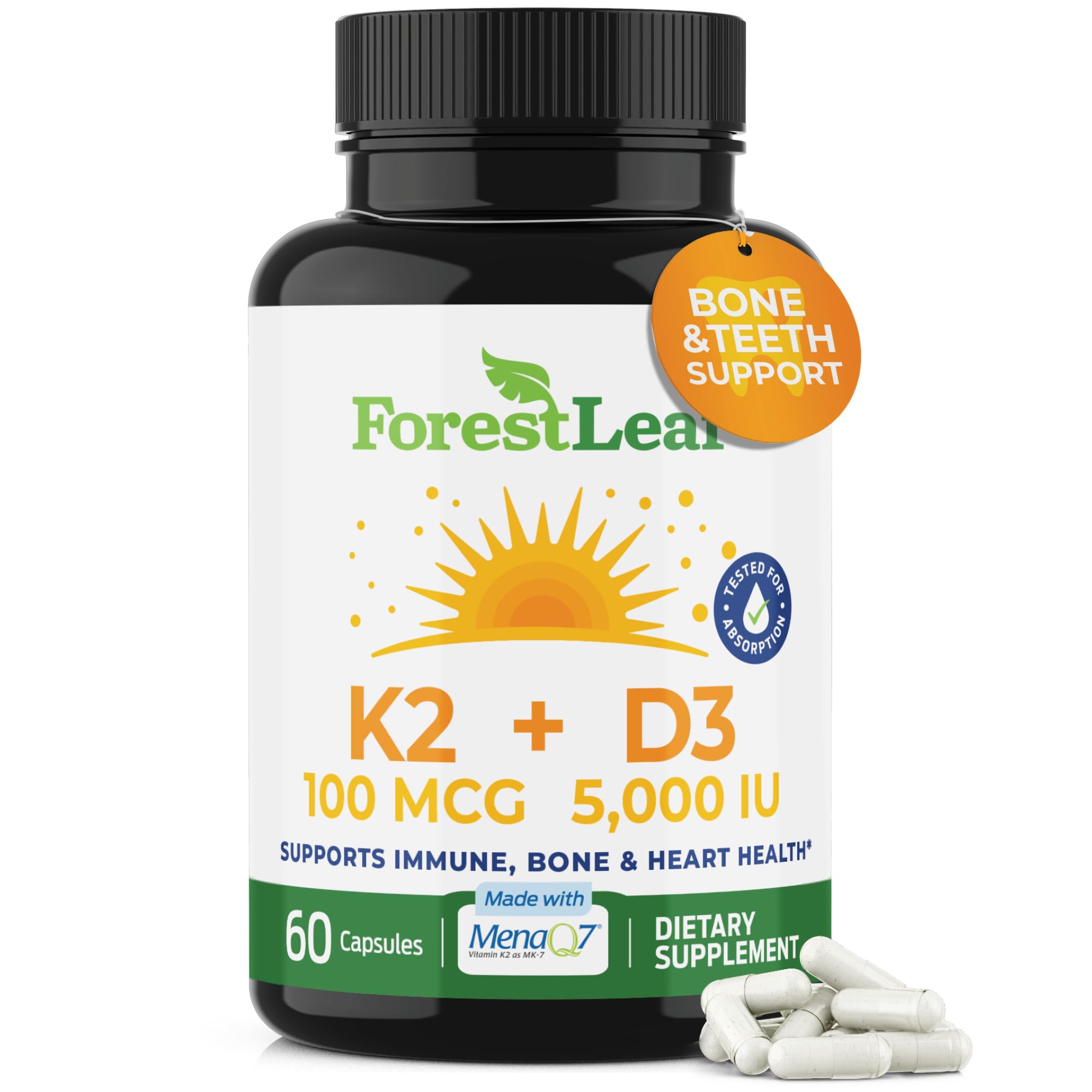 ForestLeaf vitamin d3 k2 mk7 bottle supports bone health and immune function.