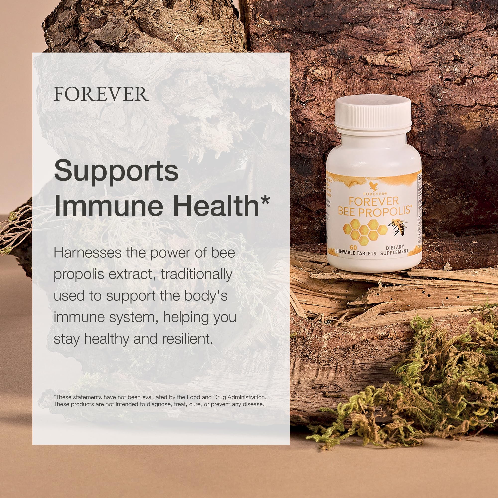 Forever Living Bee Propolis chewable packaging box on counter highlighting convenient packaging