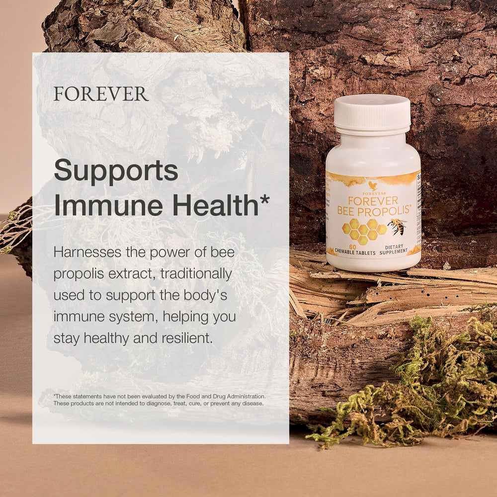 Forever Living Bee Propolis chewable packaging box on counter highlighting convenient packaging