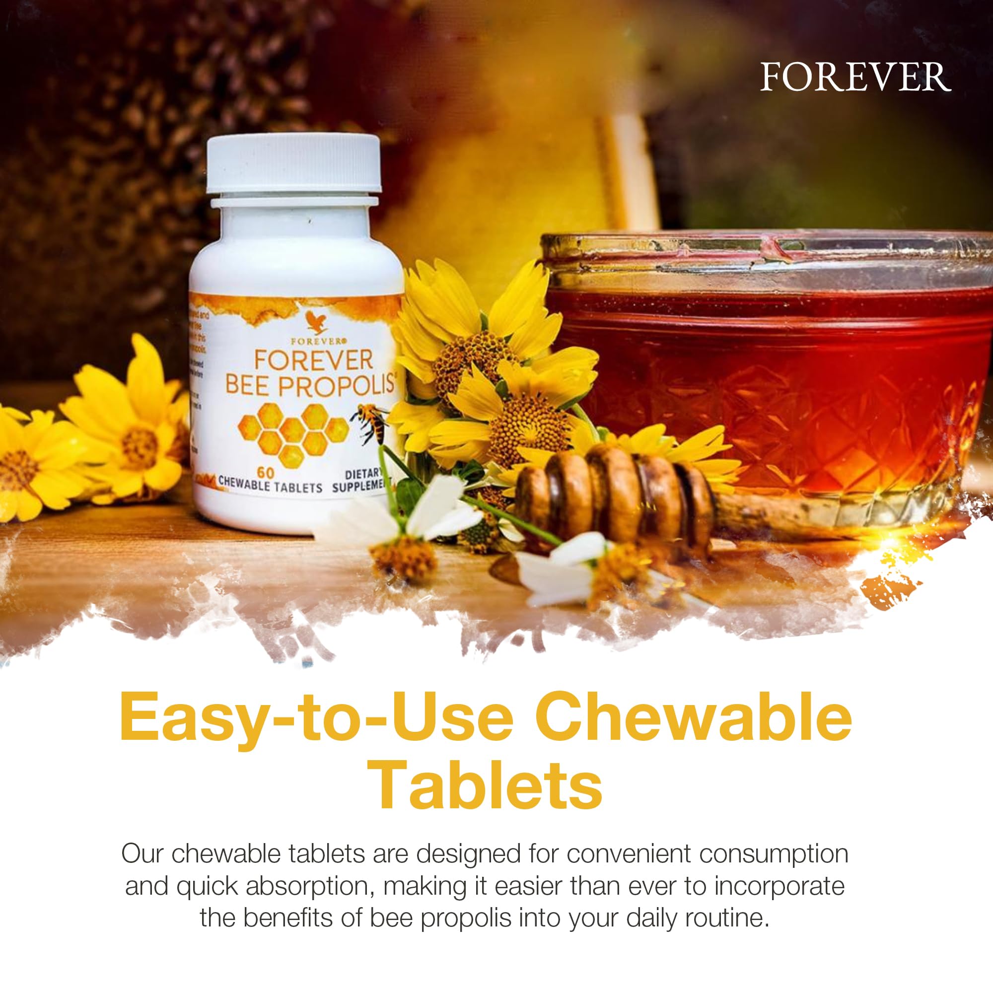 Forever Living Bee Propolis chewable tablets ingredients scene emphasizing flavonoids