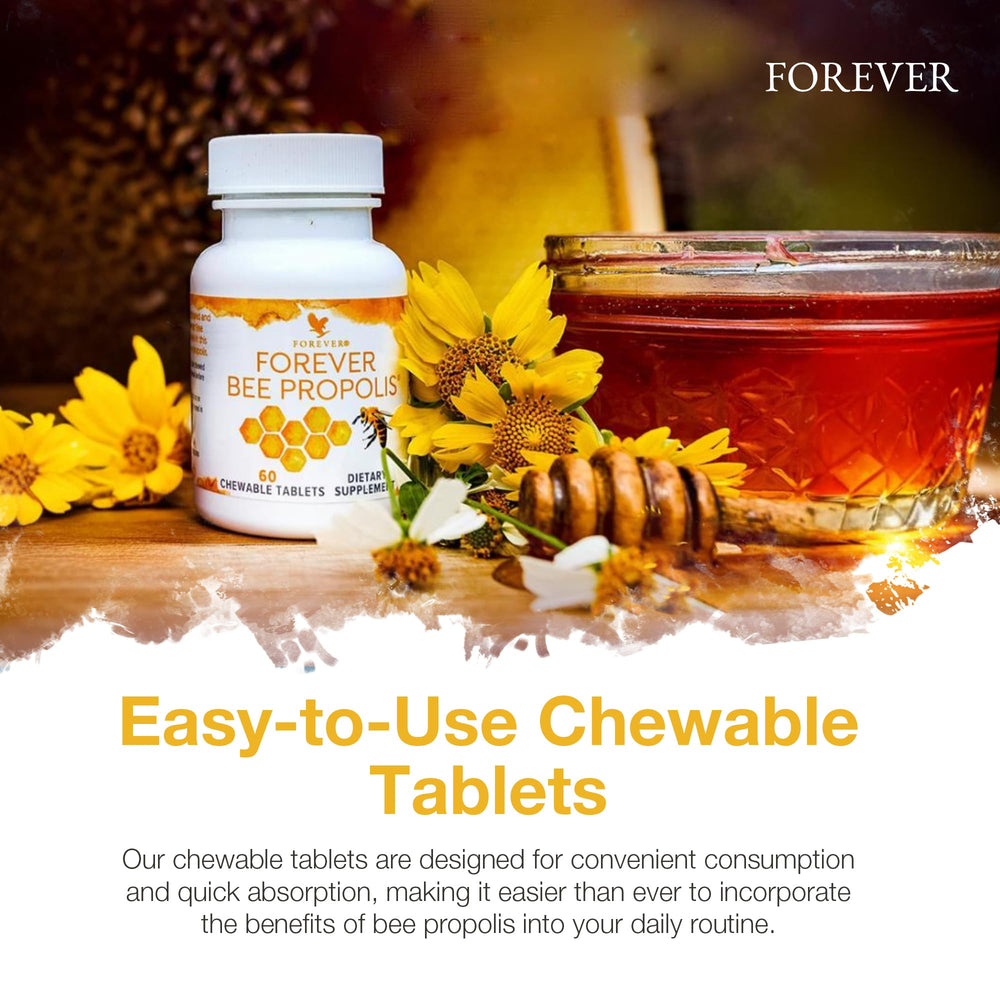 Forever Living Bee Propolis chewable tablets ingredients scene emphasizing flavonoids