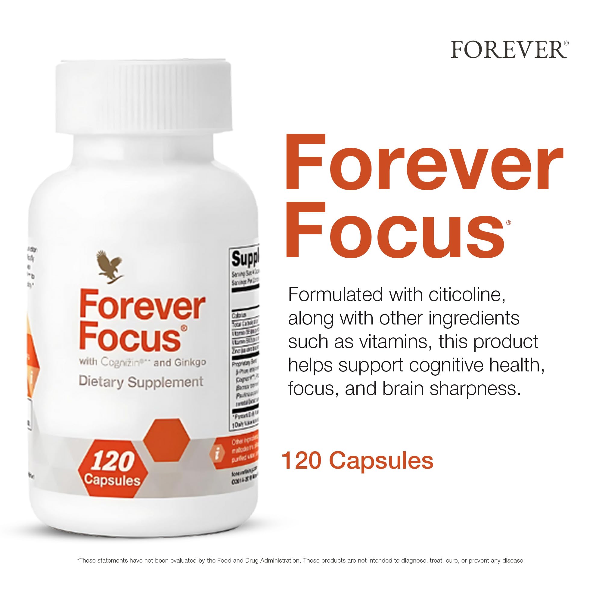 Forever Focus bottle label close-up emphasizing Cognizin and vitamins for focus.