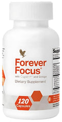 Forever Focus capsules bottle on desk promoting daily cognitive support.