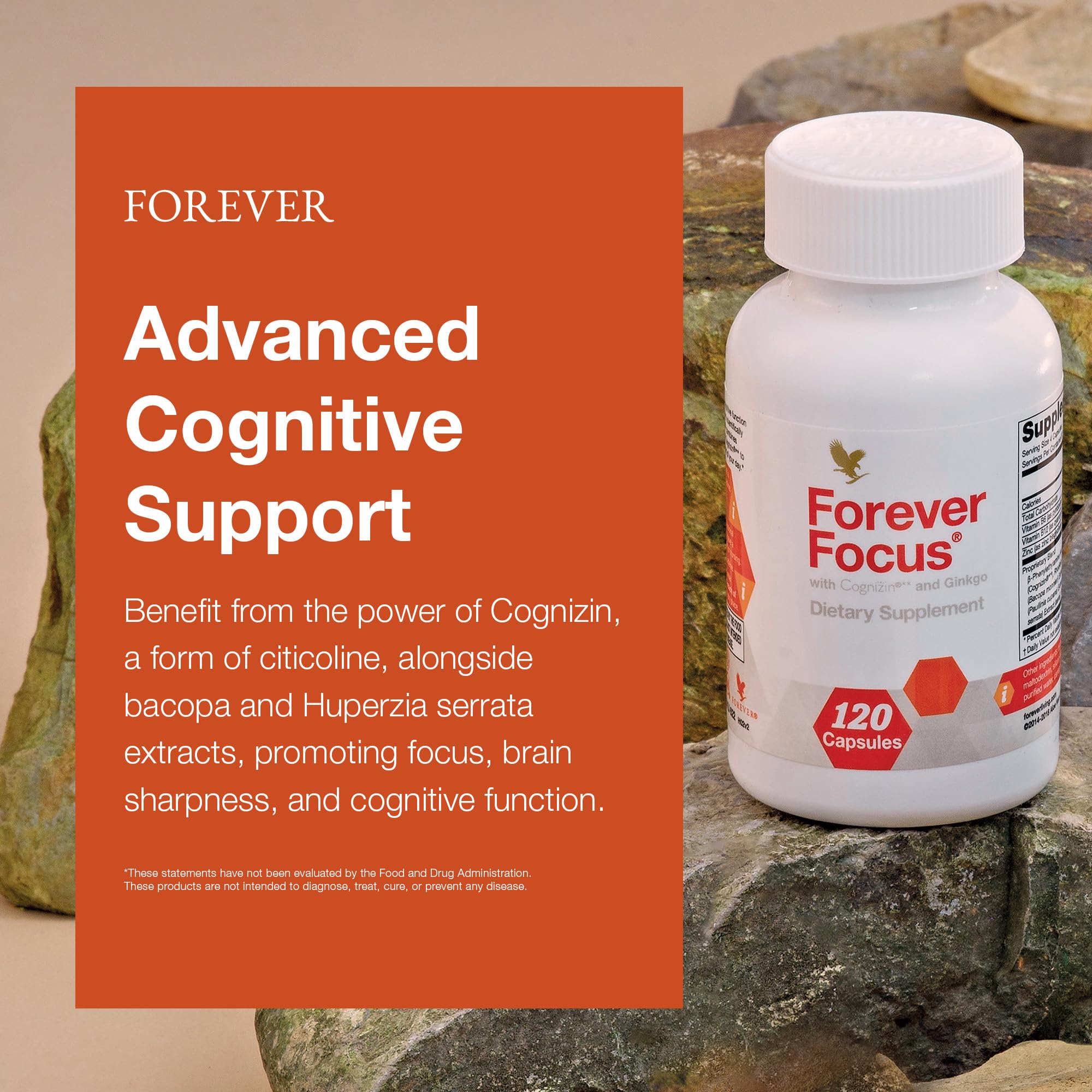 Forever Focus ingredients laid out with bacopa and Cognizin for brain health.