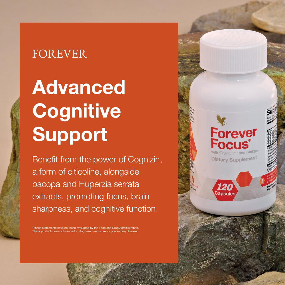 Forever Focus ingredients laid out with bacopa and Cognizin for brain health.
